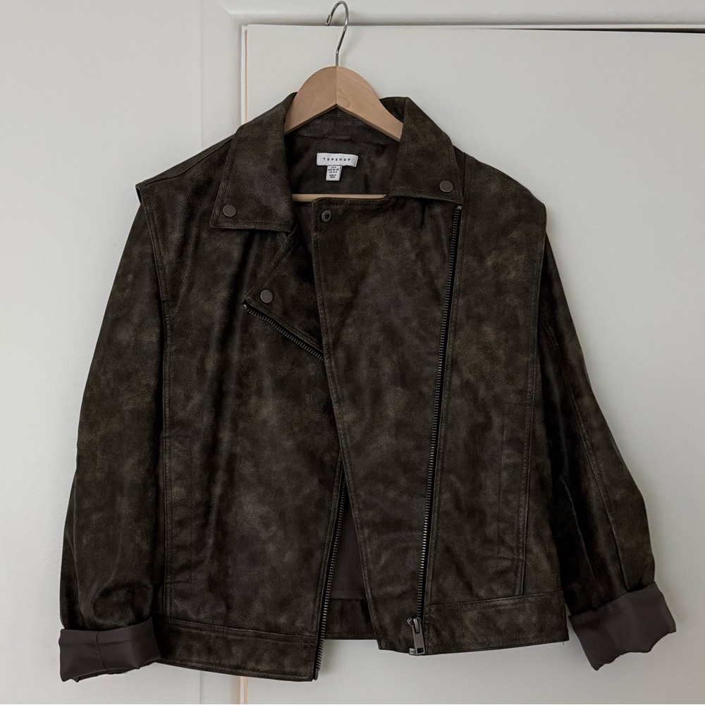 Topshop Distressed Brown Leather Jacket